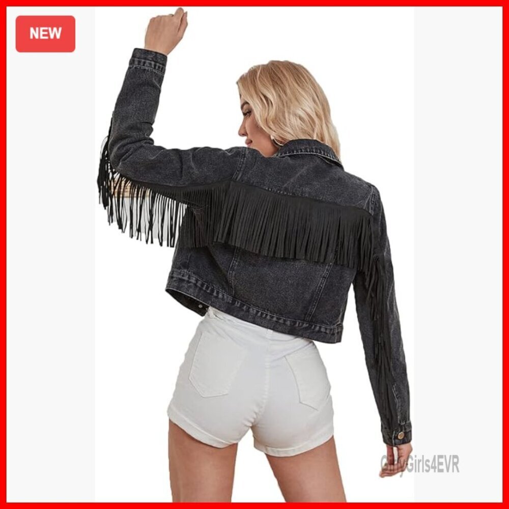 Cropped Denim Jacket with Fringe Sleeves, Distressed Long Sleeve Coat